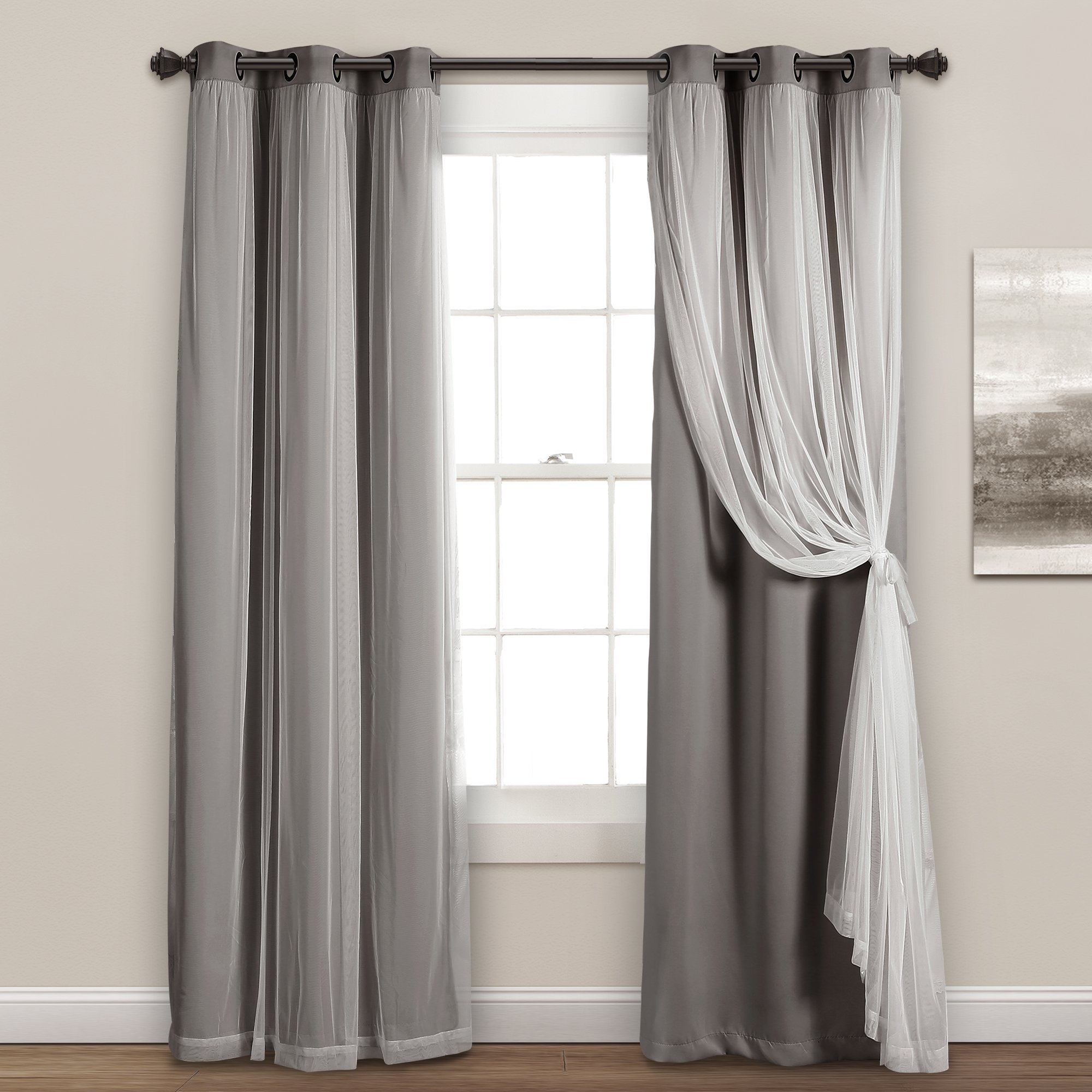 Lush Decor Sheer Grommet Curtains Panel with Insulated Blackout Lining, Room Darkening Window Curtain Set (Pair), 38" W x 84" L, Dark Gray