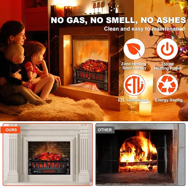 ELECTRIC FIREPLACE LOGS INSERTS HEATER WITH INFRARED REMOTE CONTROLLER 5 FLAME BRIGHTNESS 24 H TIMER OVERHEATING PROTECTION FOR HOME AND OFFICE DECOR BLACK