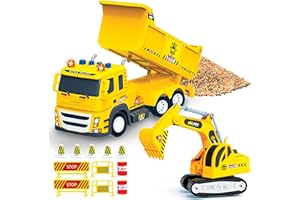 MOBIUS TOYS 2 Pack Construction Toy Trucks - 1:12 SCALE Dump Truck + Excavator Truck with Lights and Sounds, Push and Go Realistic Big Truck Toy, Construction Vehicle Excavator Toy for Boys ages 3, 4, 5, 6, 7, 8+