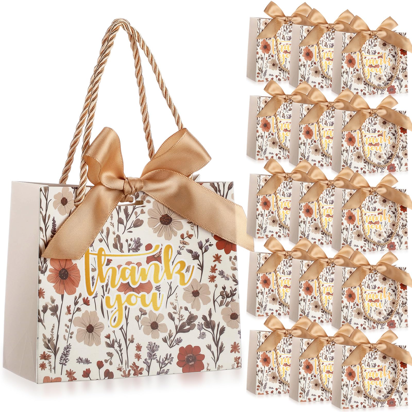 Photo 1 of Moinchore 40 Pack Thank You Floral Gift Bags with Handles Small Thank You Party Favor Bags with Bow Wedding Welcome Tote for Bridal Shower Birthday Party Supplies(Vintage Champagne Flowers)