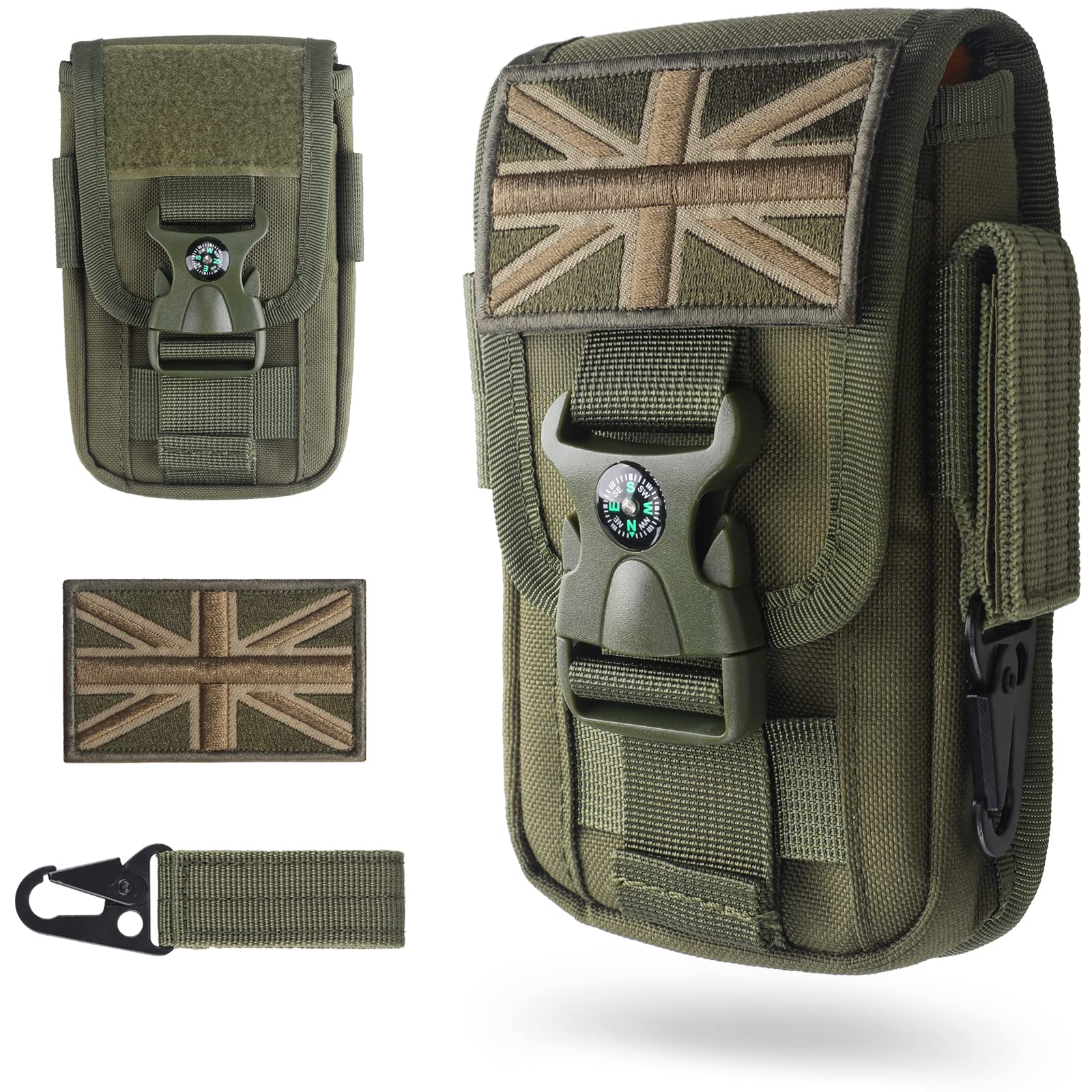 WYNEX Tactical Molle Phone Pouch with Compass Buckle, Tactical Phone Holster Molle Cell Phone Pouch Universal Belt Waist Bag for IP 13/12/11 Max / S21 with UK Patch & Gear Clip Buckle