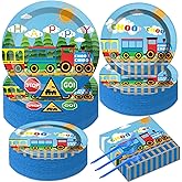 200Pcs Train Party Plates and Napkins Train Birthday Party Supplies Transportation Disposable Paper Decoration for Kids Birthday With Dinner Plates Dessert Plates Napkins Plastic Forks, Serves 50