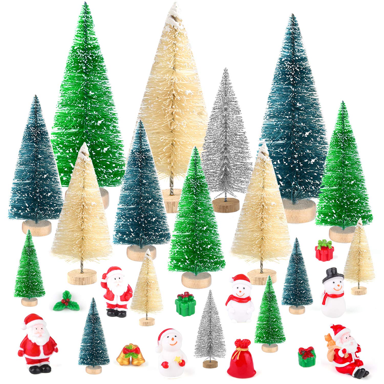 KUUQA 29 Pcs Mini Sisal Snow Frost Trees Bottle Brush Trees Mini Christmas Trees with Figures Santa Claus, Snowman, Gift Boxes Miniature Ornaments for Christmas Village Decoration SMALL SIZE TREES
