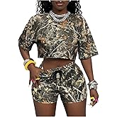 Floerns Women's 2 Piece Camo Outfits Y2K Half Sleeve Crop Tops with Drawstring Shorts Matching Set