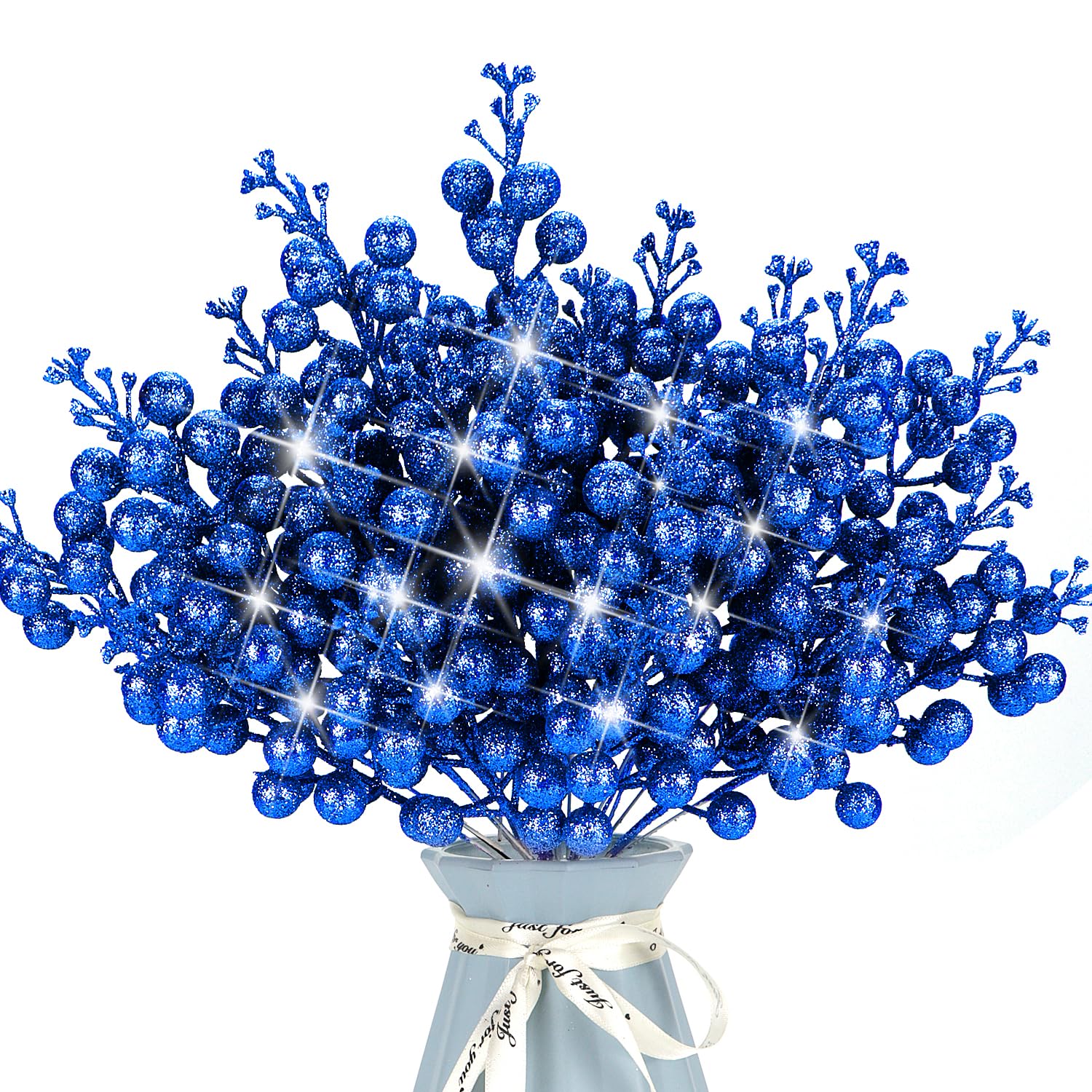 Kunjocy 12 Pcs Christmas Artificial Glitter Berries Stems Christmas Tree Stems with Powder Sequins Xmas Berry Picks Floral Decoration Craft for DIY Xmas Crafts Wreath Garland Home Decor (Royal Blue)