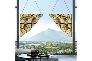 YOURANJU Stained Glass Window Hanging 2 Pieces 10” Triangle Tiffany Animal Style Windows Suncatcher Double Bird Glass Window Panel Perfect Window Hangings Housewarming Gift (With Chain Hook)