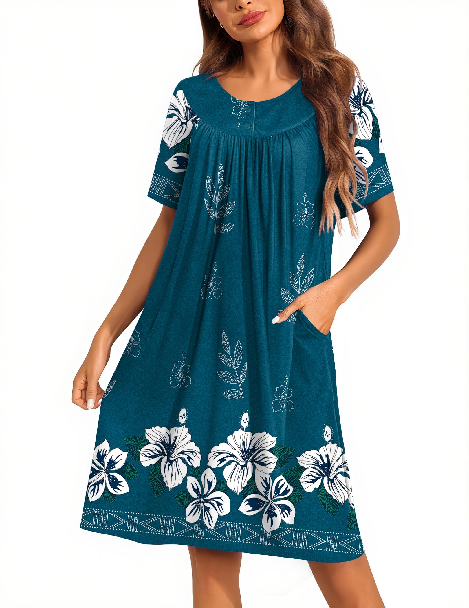 Ekouaer Moo Moos for Women Button House Dresses with Pocket BlueGreen Flower XXL