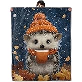 onlcuk Autumn Hedgehog Blanket, Cozy Flannel Cute Hedgehogs in Orange Hat Throw Blanket, Soft Fuzzy Blankets for Travel Home Decor, All Season Lightweight Couch Bed Cover, Gifts for Women Kids 50"×60"