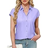 Ruisin Womens Linen-Look Cap Short Sleeve Button Down Shirts for Women Blouses Collared Shirt Summer Tops Wrinkle Resistant