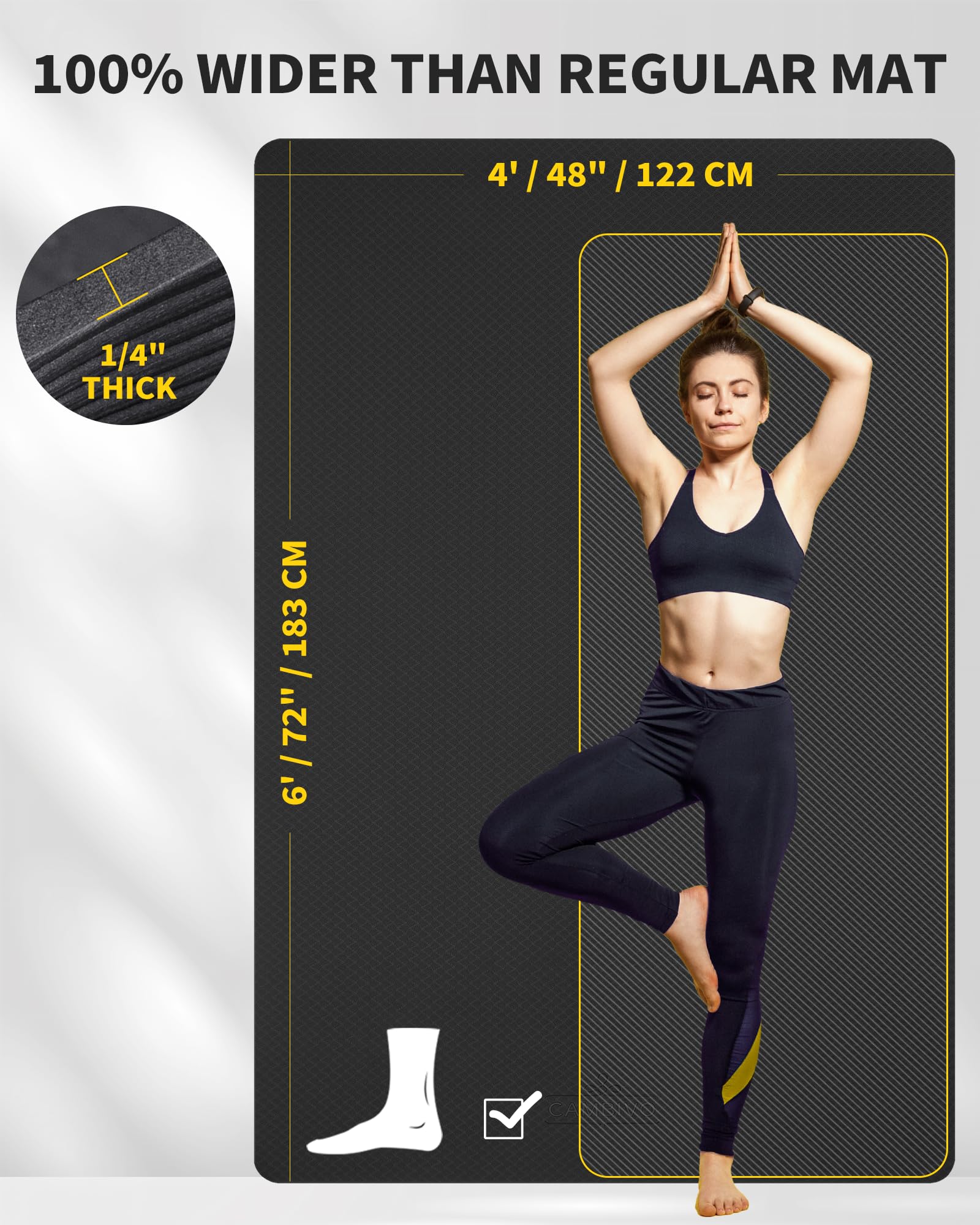 CAMBIVO Large Yoga Mat (6'x 4'), Extra Wide Workout Mat for Men and Women, 1/3 &1/4 Thick Exercise Fitness TPE Mat for Home Gym, Yoga, Pilates, Workout (Black),6mm - Image 2