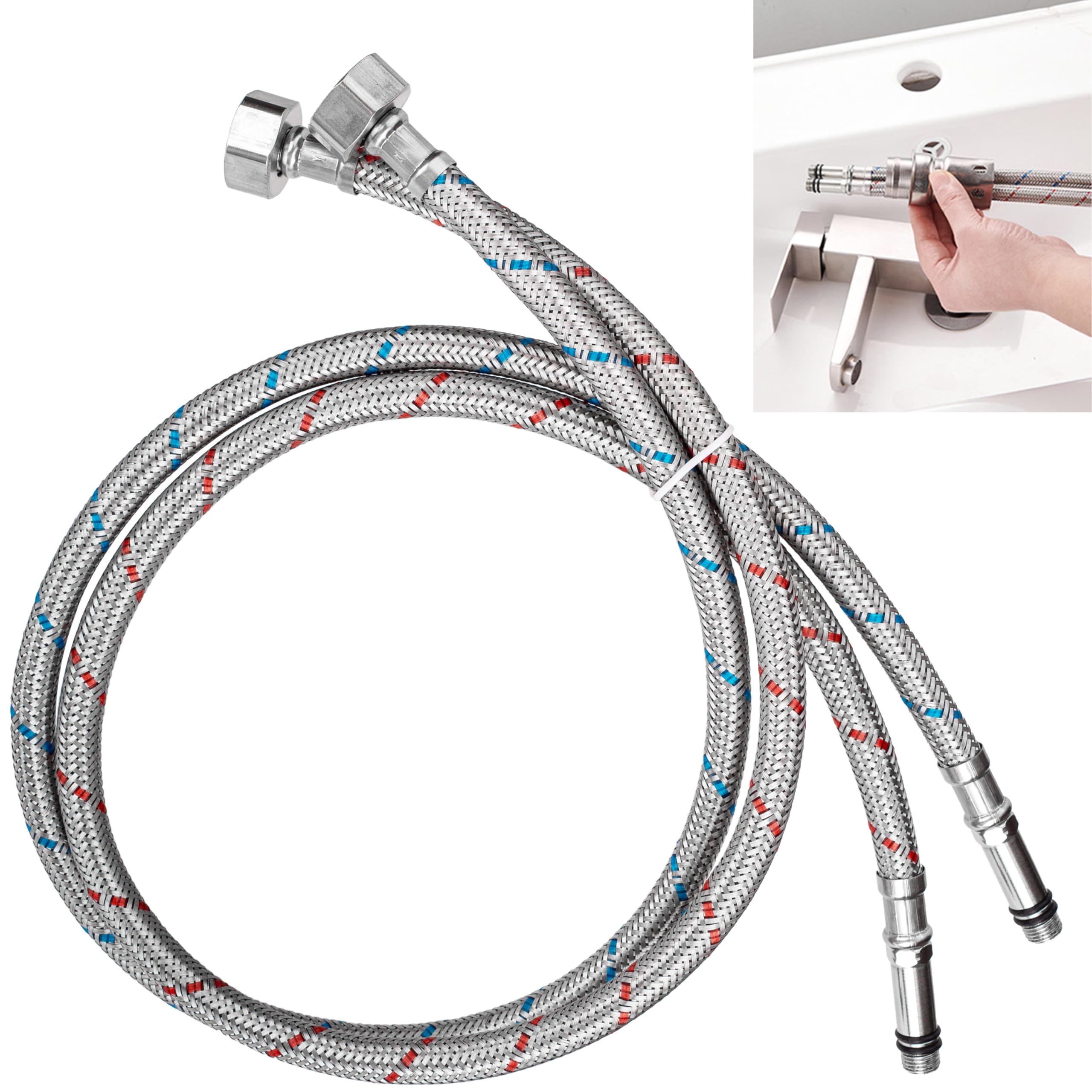 2 Pcs Flexible Tap Connectors Tap Tails, M10 x 1/2 BSP (800mm) Stainless Steel Flexible Tap Connectors Pipes for Bathroom Basin Kitchen Sink Monobloc Mixer Taps Flexi Pipe Tails, Cold Hot Universal