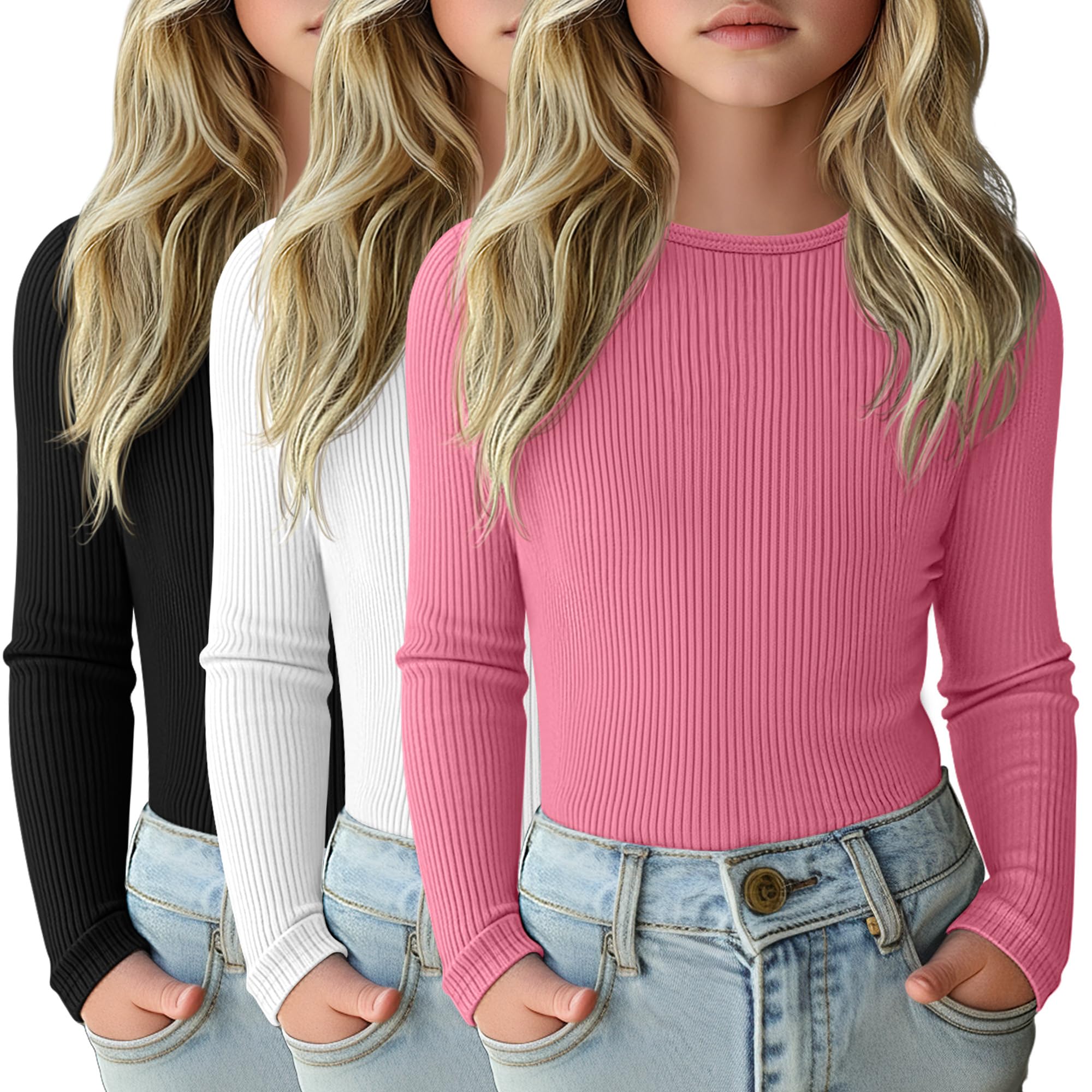 Photo 1 of *ONLY 2* LessonZoo 3 Pack Girls Long Sleeve Shirts Ribbed Knit Cotton Layering Tops Slim Fit Crewneck Casual Undershirts(Black, White, Peach Pink,11-12 Years)
