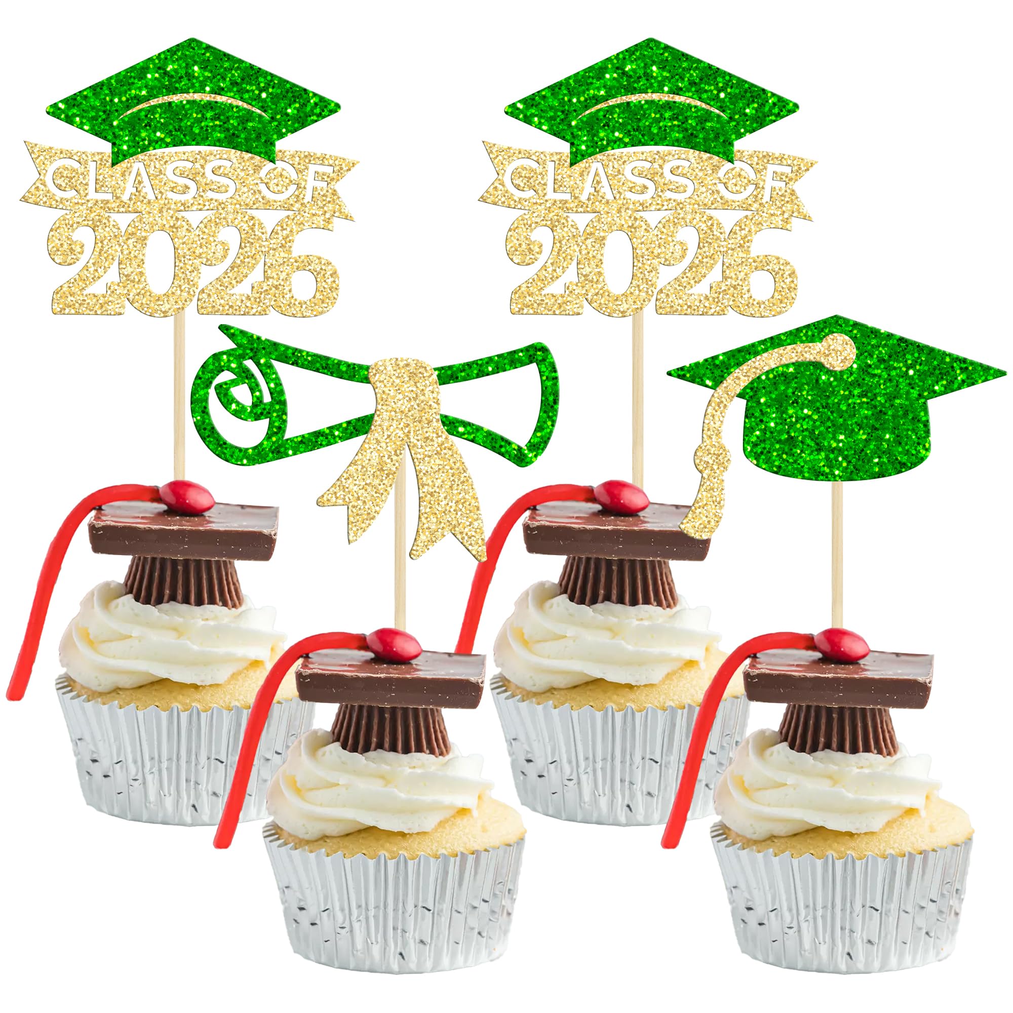 Gyufise 24Pcs 2026 Graduation Theme Cupcake Toppers Glitter Diploma Graduation Cap Class of 2026 Cupcake Picks for 2026 Graduation Theme Party Cake Decorations Supplies Gold Green
