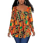 Afibi Women's Long Sleeve Henley T Shirts Button Down Loose Fit Tops Scoop Neck African Dashiki Shirts