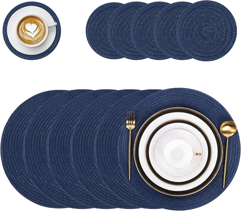Pauwer Round Placemats and Coasters Set of 6 Navy Non Slip Heat Resistant