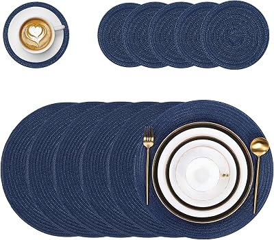 Pauwer Round Placemats and Coasters Set of 6 Navy Non Slip Heat Resistant