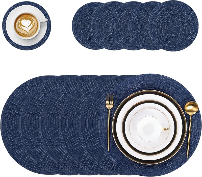 Pauwer Round Placemats and Coasters Set of 6 Navy Non Slip Heat Resistant