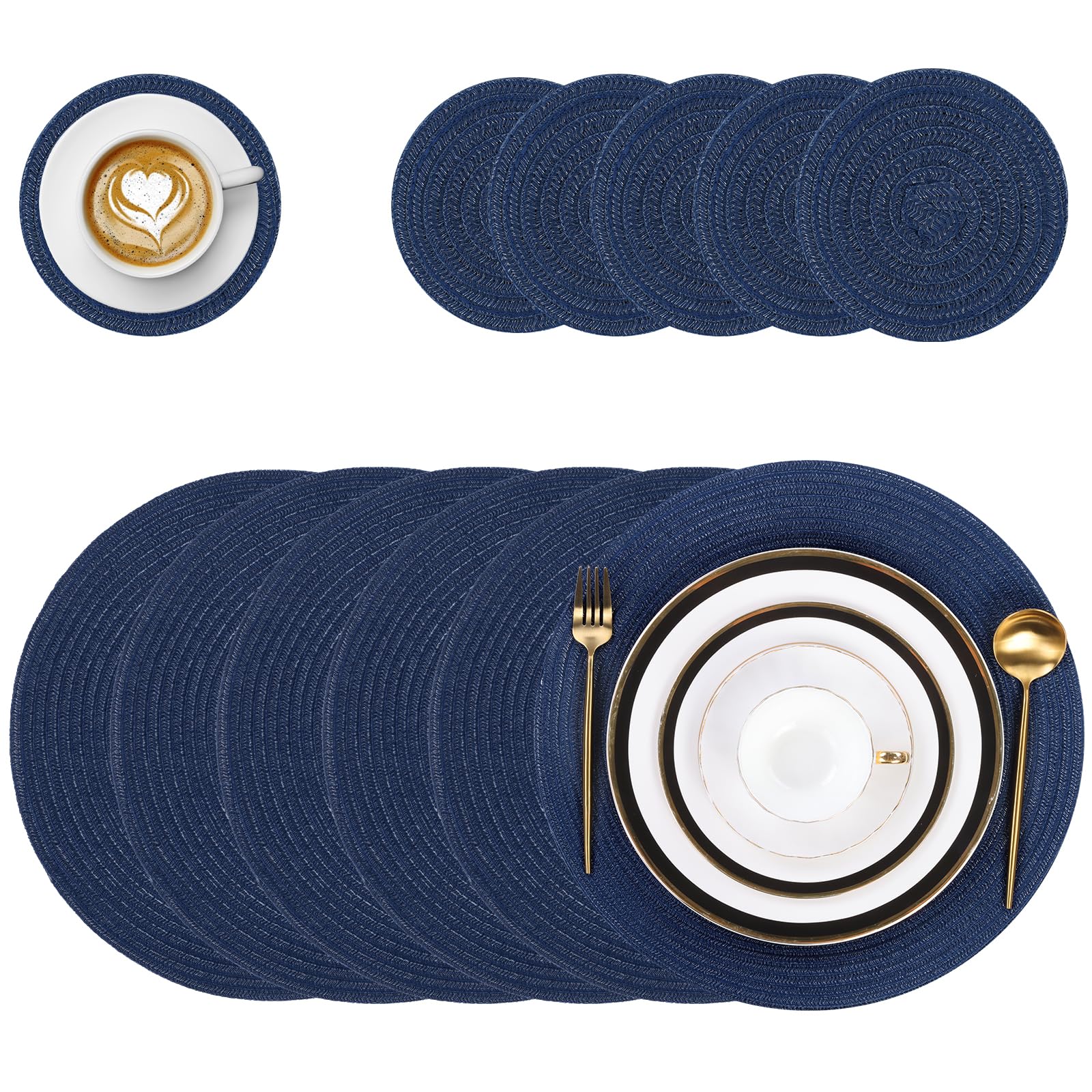 Pauwer Round Placemats and Coasters Set of 6, Non Slip Washbale Table Mats and Coasters Sets Heat Resistant Decor Table Place Mats for Hotel Wedding Party Christmas, Navy