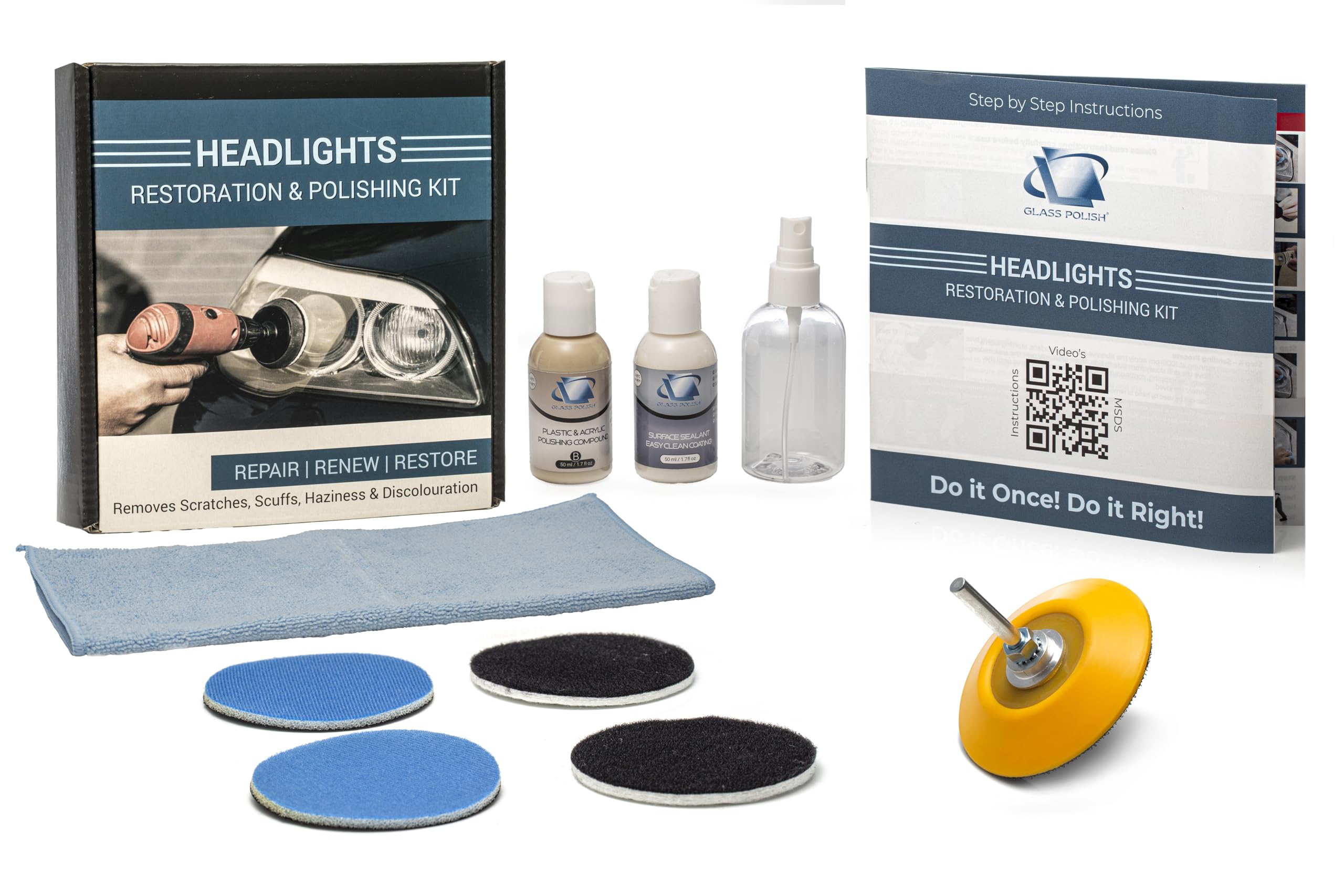 Glass Polish Headlights Restoration and Polishing Kit – Permanent Headlight & Tail-Light Restoration, Restores As-New Condition and Guards Against Future Damage - GP31016