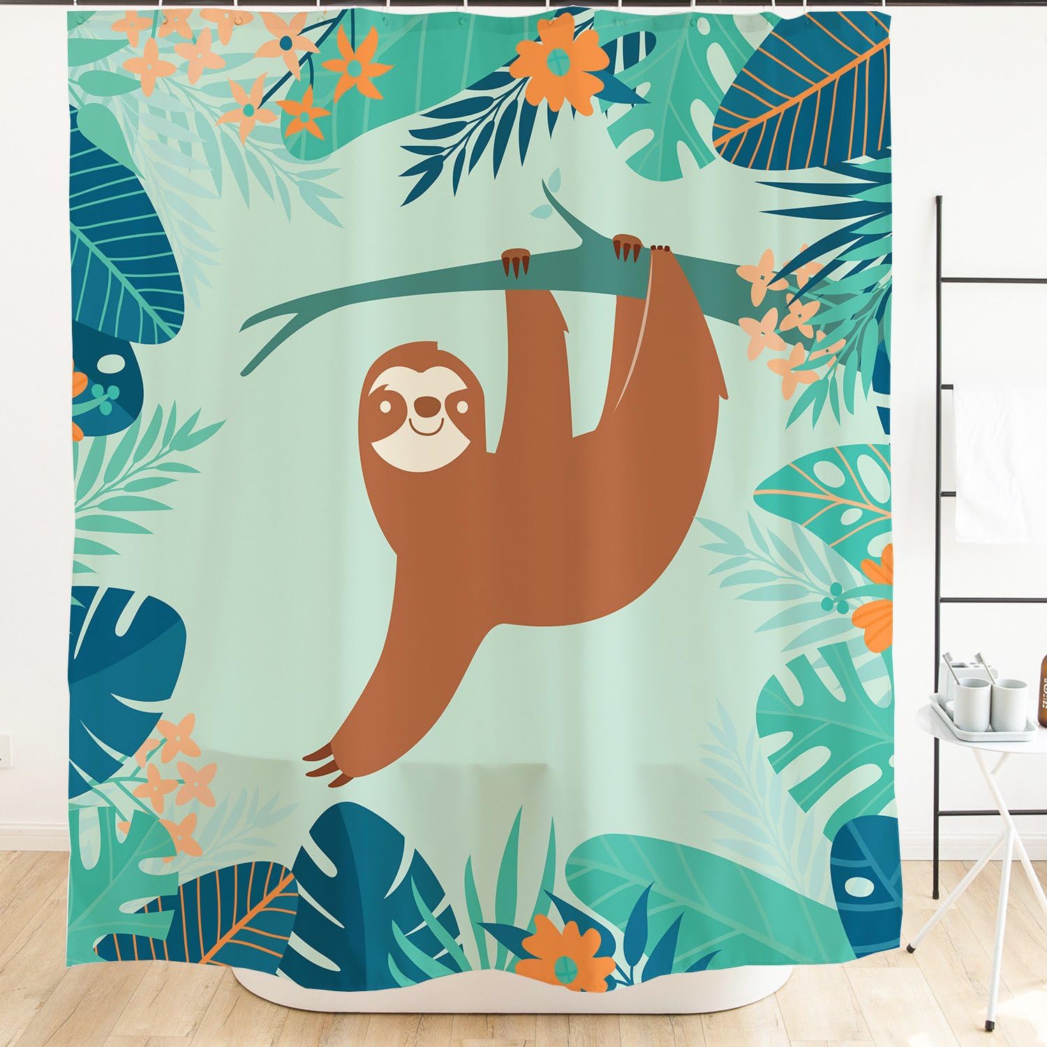 Ofat Home Cute Cartoon Sloth Shower Curtain Tropical Forest Trees Hanging Waving Hands 71''x71''inch Kids Home Bathroom Decor