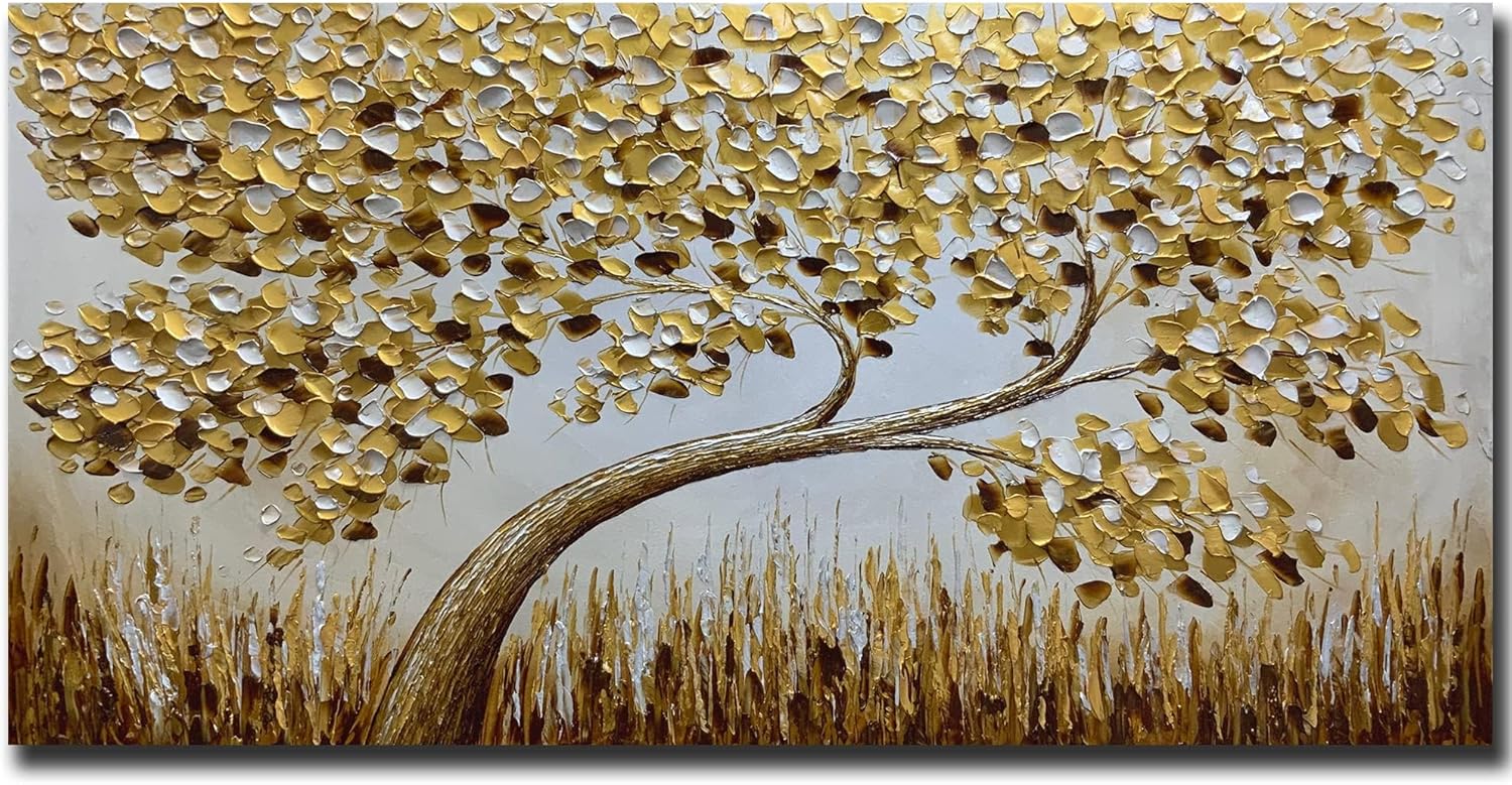 Paintings - Tiancheng Art,24x48 Inch Modern Abstract Canvas Paintings Hand Drawn 3D Oil Painting on Canvas Contemporary Landscape Wall Art Tree Golden Artwork for Home Decorations