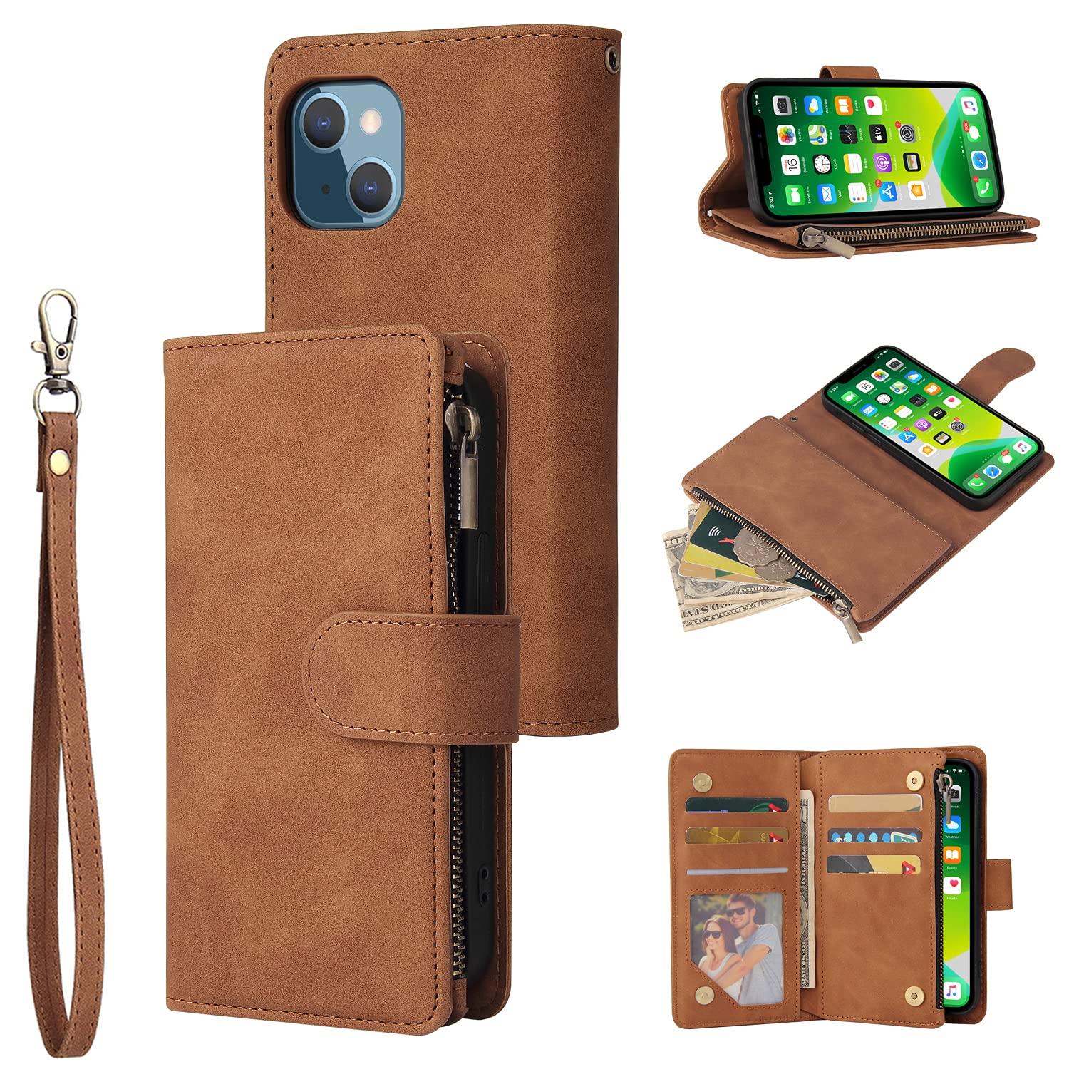 UEEBAI Wallet Case for iPhone 13 6.1, Premium Vintage PU Leather Magnetic Handbag Zipper Pocket Case Kickstand Card Slots with Wrist Strap TPU Shockproof Flip Cover - Brown — image 1
