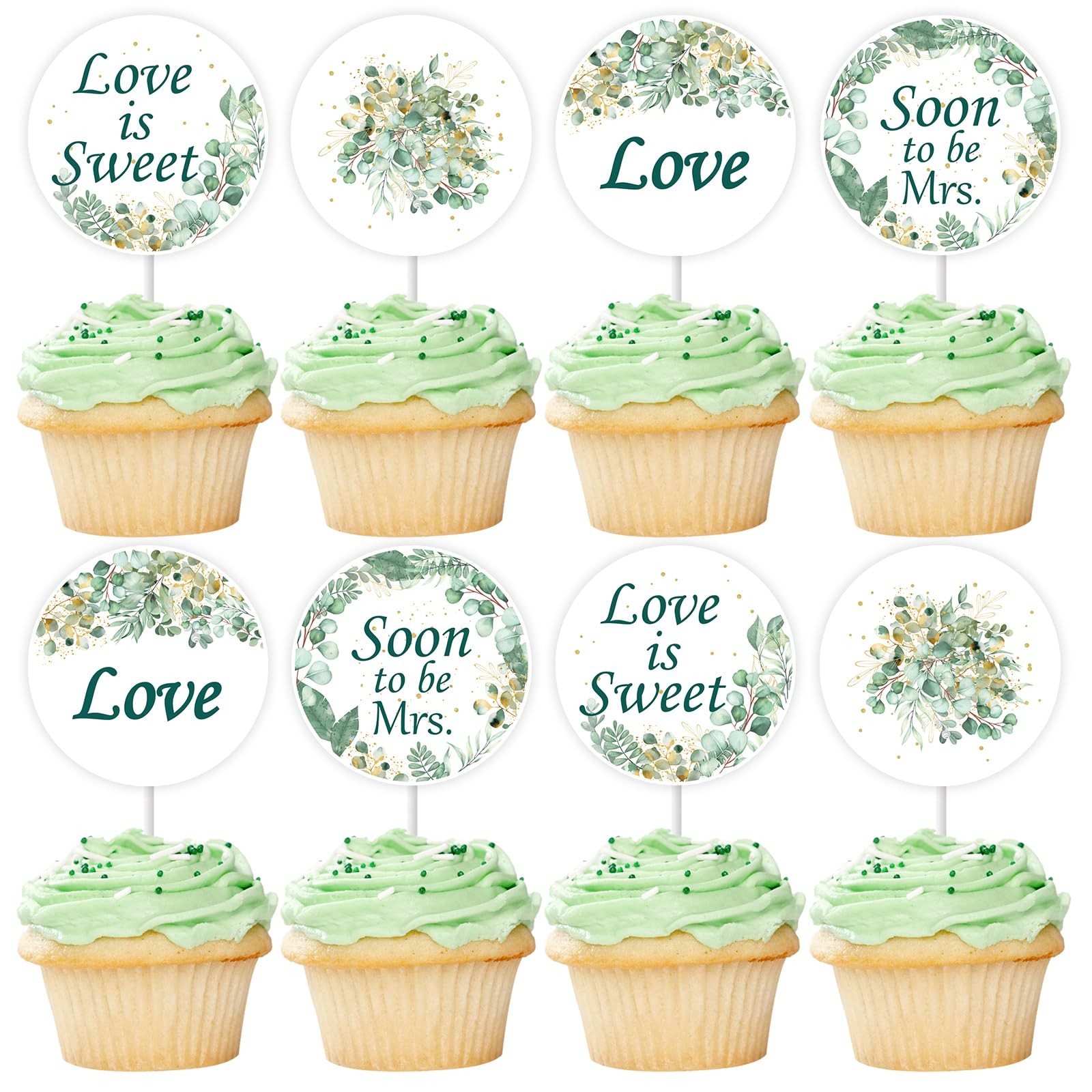 Photo 1 of JOYMEMO 24Pcs Greenery Bridal Shower Cupcake Toppers, Love is Sweet with Soon to be Mrs Sage Green Leaf Printed Cupcake Picks for Women Girls Wedding Engagement Bridal Bachelorette Party