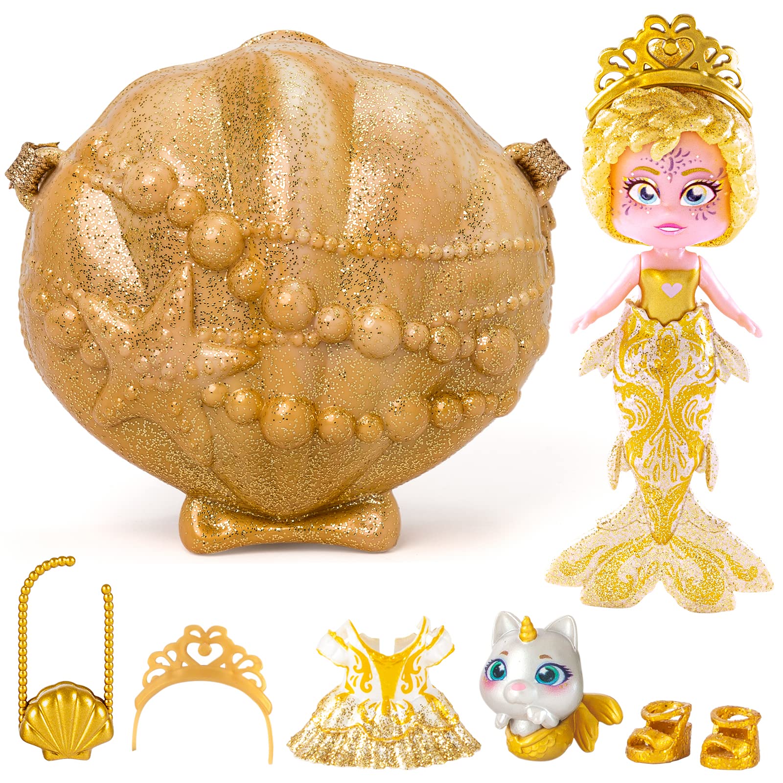 KOOKYLOOS - 1 doll 3 unique expressions! JEWEL Mermaid doll with 1 shell-bag, 1 mermaid tail, 1 pet, clothes and accessories, Yellow