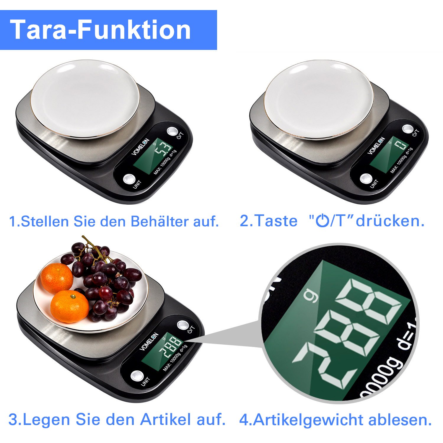 Elektronische Küchenwaage,10kg x 1g, Elektronische Waage mit Größerer Plattform Edelstahloberfläche, Tara-Funktion, Großes LCD-Display