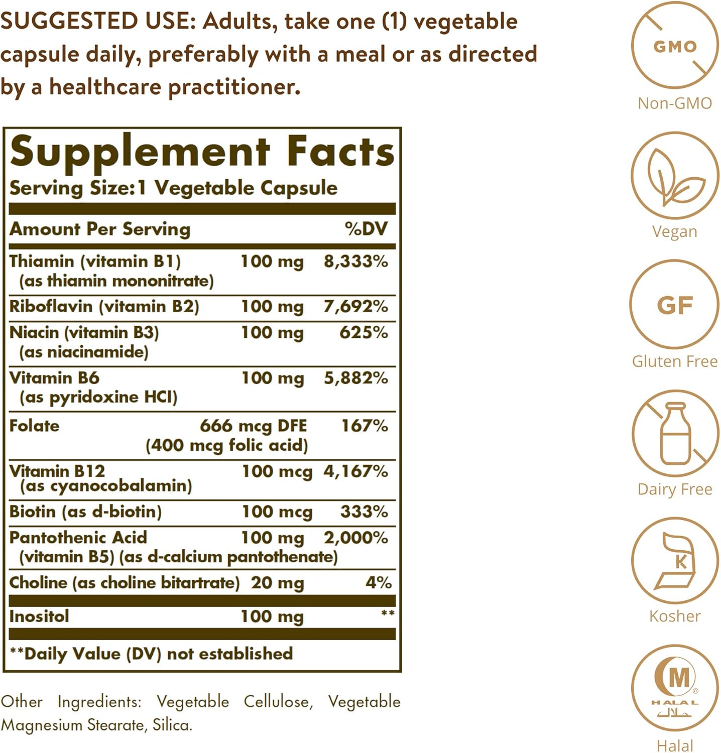 Solgar B-Complex "100", 250 Vegetable Capsules - Heart Health - Nervous System Support - Supports Energy Metabolism - Non-GMO, Vegan, Gluten Free, Dairy Free, Kosher, Halal - 250 Servings: Health & Personal Care