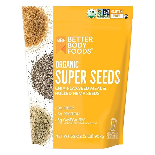 BETTERBODY FOODS SUPERFOOD ORGANIC SUPER SEEDS – CHIA FLAX & HEMP SEEDS, BLEND OF ORGANIC MILLED FLAX SEED ORGANIC HEMP HEARTS, ADD TO SMOOTHIES SHAKES & MORE, 2LB, 32 OZ