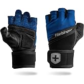 Harbinger Training Grip Wrist Wrap Gloves - Enhanced Grip &amp; Wrist Support, Breathable Lycra Back, Padded Leather Palm, Half-Finger Design, Quick Pull Tabs - Ideal for Weightlifting, Gym - Men's