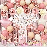 Jobkoo Pink Birthday Decorations for Women, Boho Dusty Pink Rose Gold Blush Beige Latex Balloons Happy Birthday Banner Foil Fringe Curtain Tissue Paper Pompom for Woman Girls Party Decoration Supplies