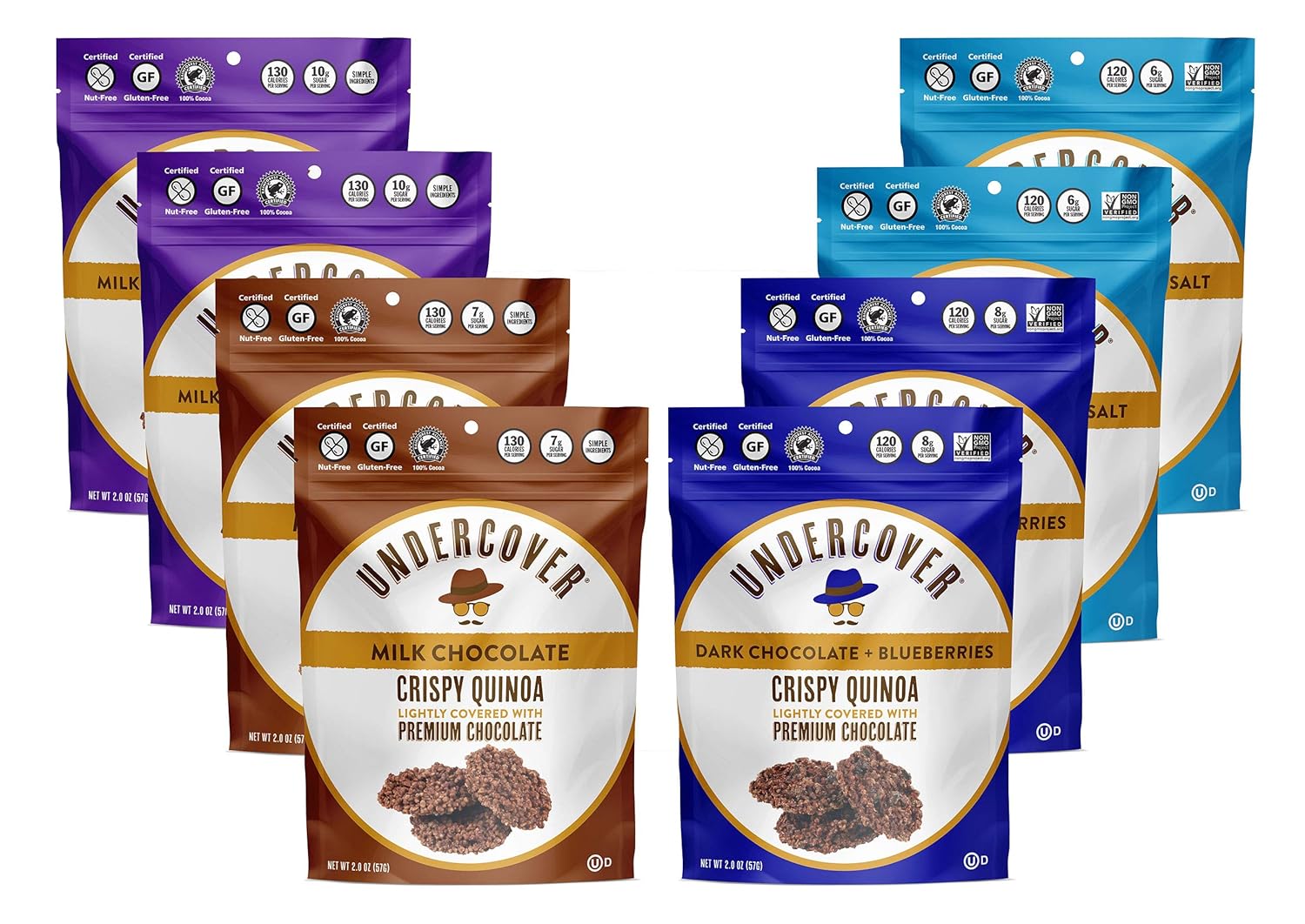 UNDERCOVER Sampler Pack, Chocolate Crispy Quinoa Snack, Gluten-Free, Nut-Free, 8 2 oz. bags: 2 Milk Chocolate, 2 Dark Chocolate+Sea Salt, 2 Milk Chocolate+Currants, 2 Dark Chocolate+Blueberries