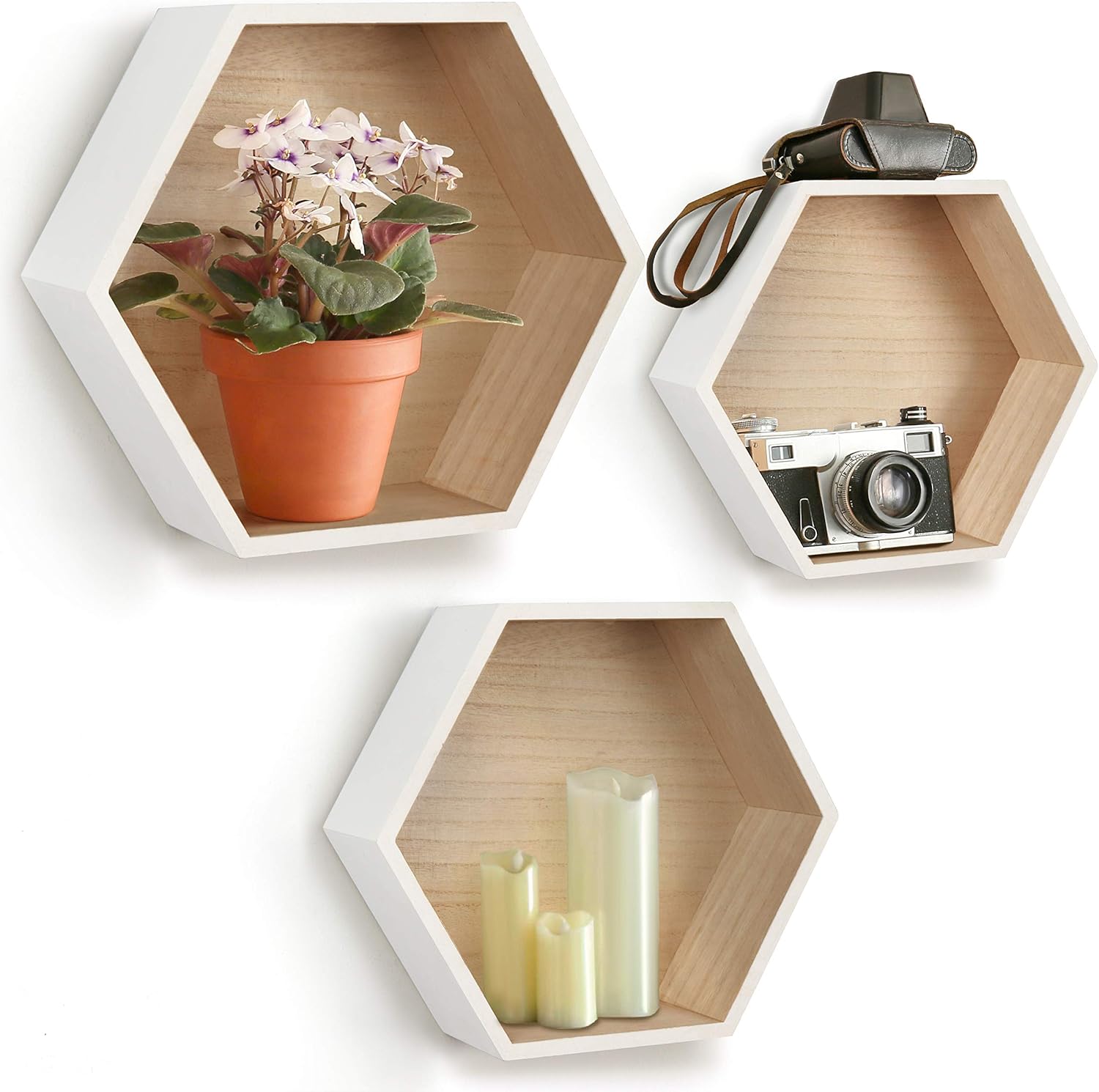 BELLE VOUS Hexagon Floating Shelves (3 Pack) White MDF Floating Shelf with Screws and Wall