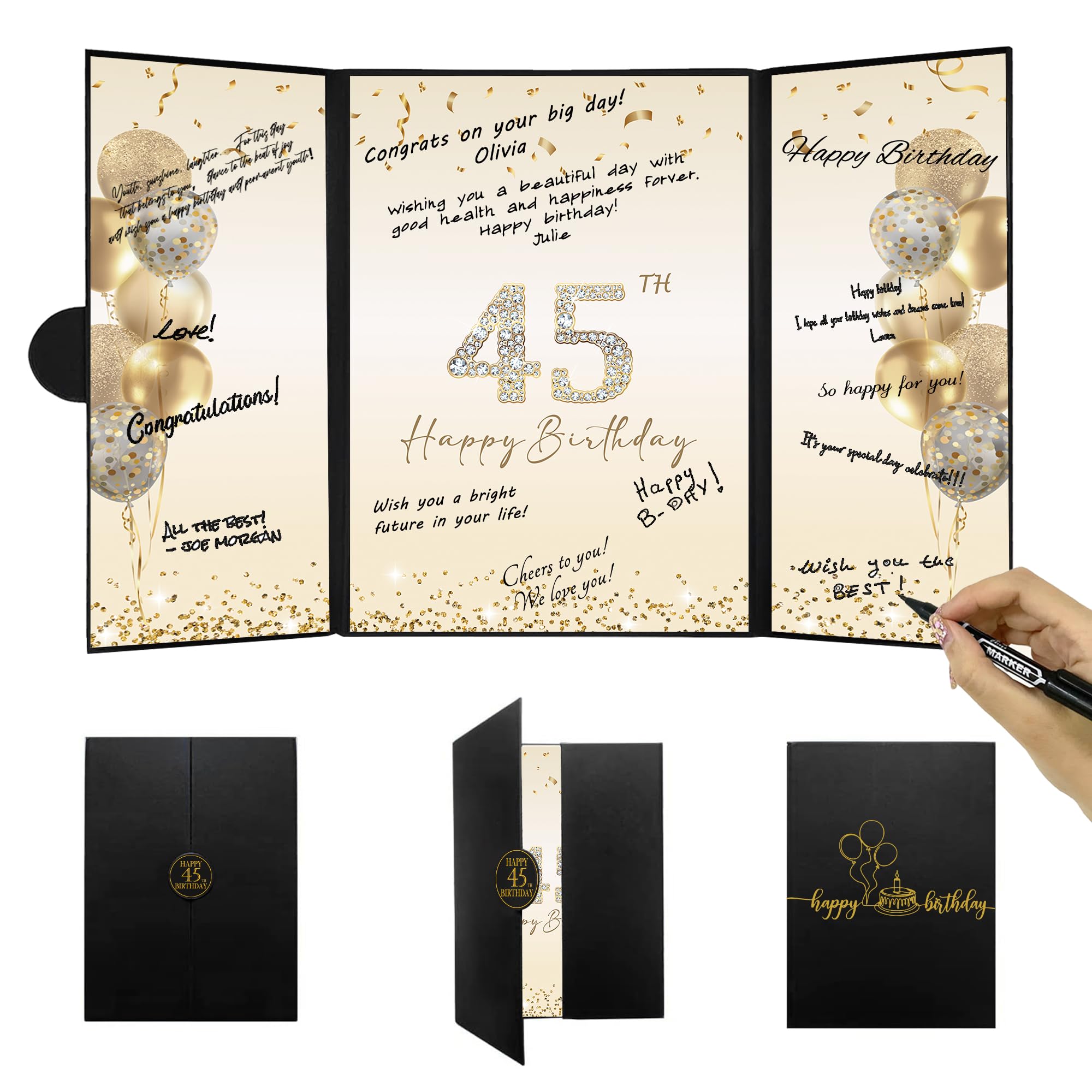 Photo 1 of DARUNAXY Black Gold 45th Birthday Party Decorations, Happy 45th Birthday Alternative Signature Guest Book for Men Women Cheers to 45 Years Old Gifts 45 Birthday Signing Card Board Party Supplies