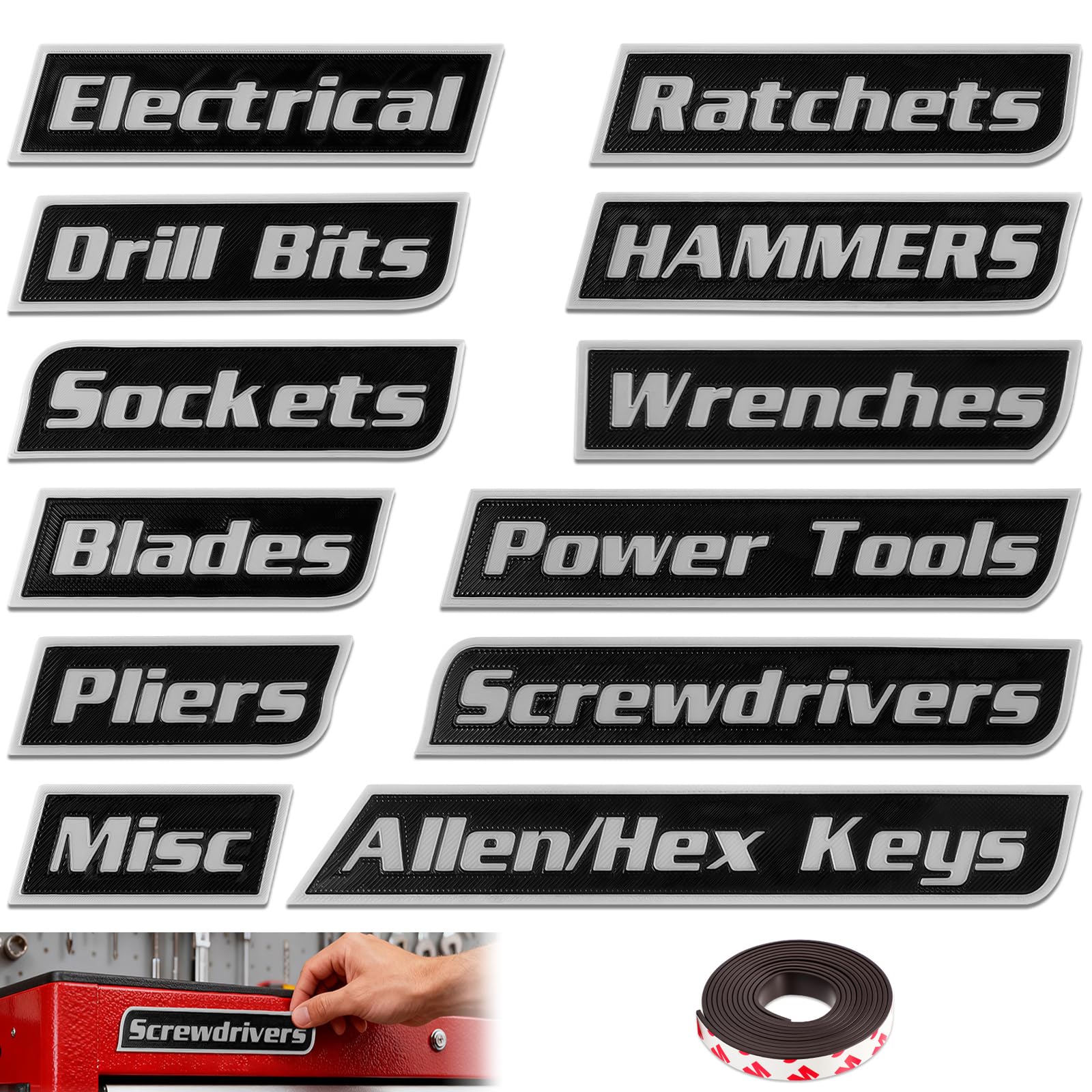Photo 1 of 12 Pack of Magnetic Toolbox Labels,3D-Printed Tool Box Labels,General Tool Box Organize Accessories,Reusable Tags for Steel Toolboxes,Carts,Drawers,Cabinets(Black,Randomly 2 Letter Styles)