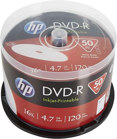 HP DVD-R 16x 4.7GB 120 Min Blank Recordable Discs 50 Pack Printable