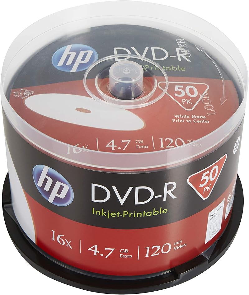 HP DVD-R 16x 4.7GB 120 Min Blank Recordable Discs 50 Pack Printable