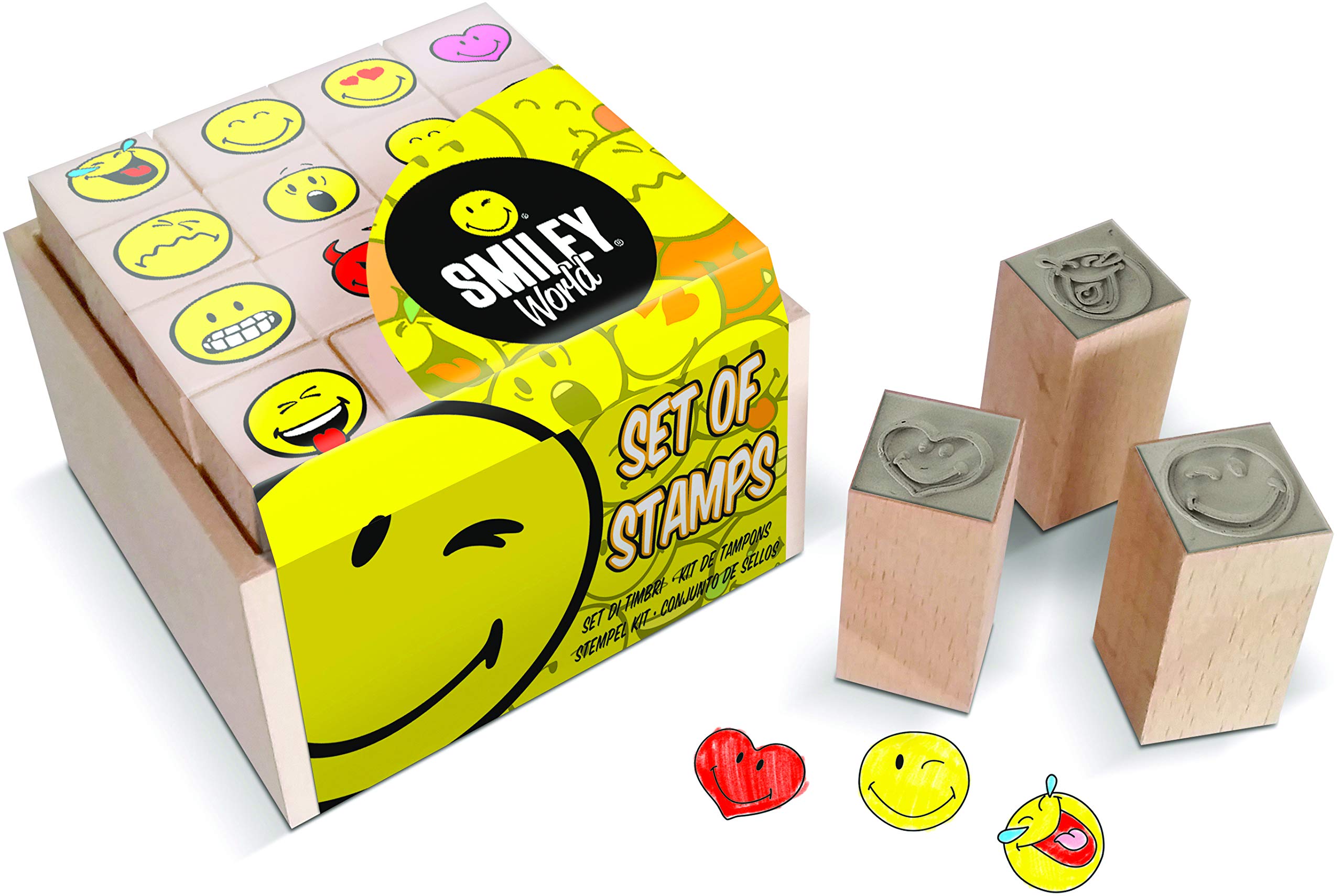 Multiprint Box of 16 Mini Stamps for Kids Smiley World, 100% Made in Italy, Stamps for Children, in Wood and Natural Rubber, Non-toxic Washable Ink, Gift Idea, art. 47887