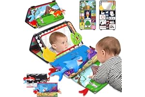 KETIEE Baby Tummy Time Mirror Toys, 3 in 1 Black and White High Contrast Infant Toys with Crinkle Cloth Book, Shark Doll & Teether Newborn Montessori Sensory Toys for Baby Boy Girl 0-3-6-9-12 Months