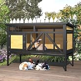 TIMHAKA 46.7" Elevated Rabbit Cage - Indoor &amp; Outdoor Rabbit Hutch, Bunny Cage for Guinea Pig, Wooden Design with Removable Tray, Waterproof Asphalt Roof &amp; Bottom Wire Mesh for Small-Medium Animals