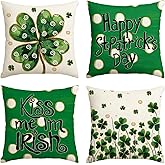 AVOIN colorlife Happy ST Patricks Day Gold-Outlined Clover Throw Pillow Covers, 18 x 18 Inch Kiss Me I'm Irish Shamrock Golden Spiral Polka Dot Decoration for Sofa Couch Set of 4