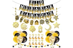 AhfuLife Eid Mubarak Decorations - Preassembled Eid Mubarak Banners, Ramadan Decorations for Home with 16 Pcs Balloons, 6 PCS Islamic Star Moon Lantern Garland Streamer, 10 Cupcake Toppers
