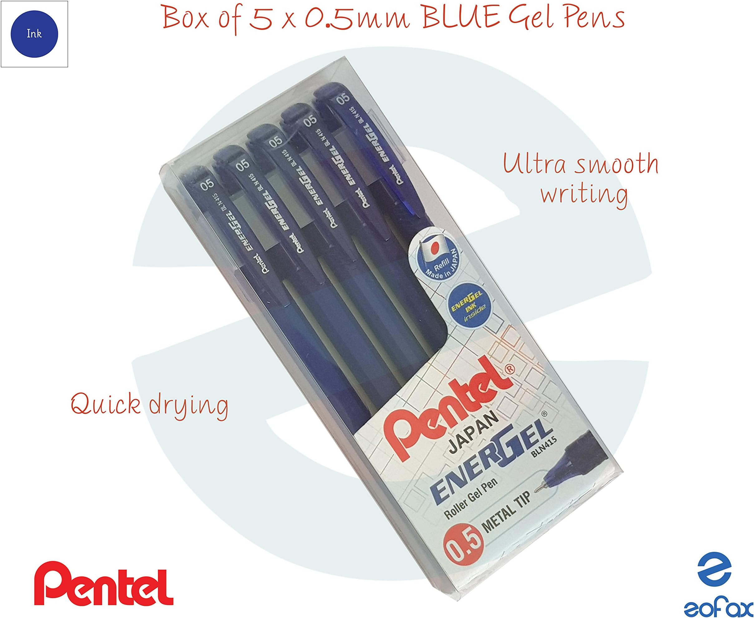 PENTEL I 5 x 0.5mm Tip EnerGel BLN 415 BLUE Roller Gel Pens Ultra Smooth Writing