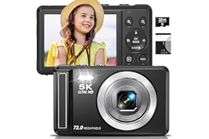 RUWAQART 5K Digital Camera - 72MP UHD Digital Cameras for Photography - Autofocus Point and Shoot Small Camera with Flash for Kids - 2.8 Inch Screen Compact Portable Vlogging Camara with 16X Zoom, 32GB SD Card