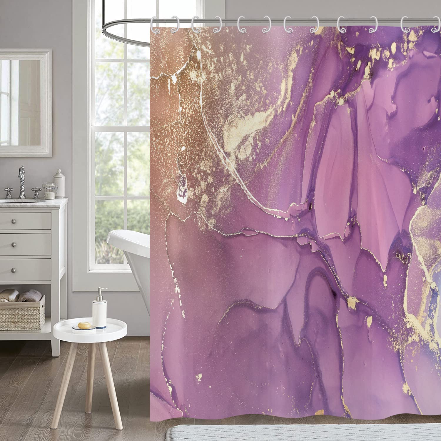 Hnmdmyi Purple Marble Shower Curtain 180x180, Abstract Lavender Gold Glitter Bathroom Curtains Modern Elegant Ombre Luxury Watercolor Ink Art Waterproof Fabric Washable Bath Curtains with Hooks