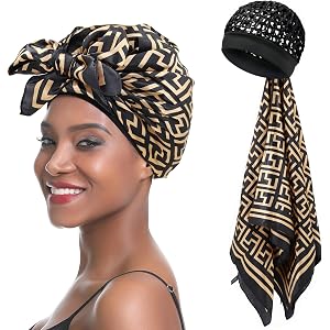 Wrap Cap Hair Net for Silk Press,2 in 1 Silk Press Wrap Satin Scarf | Hair Net for Sleeping Curly Hair Care