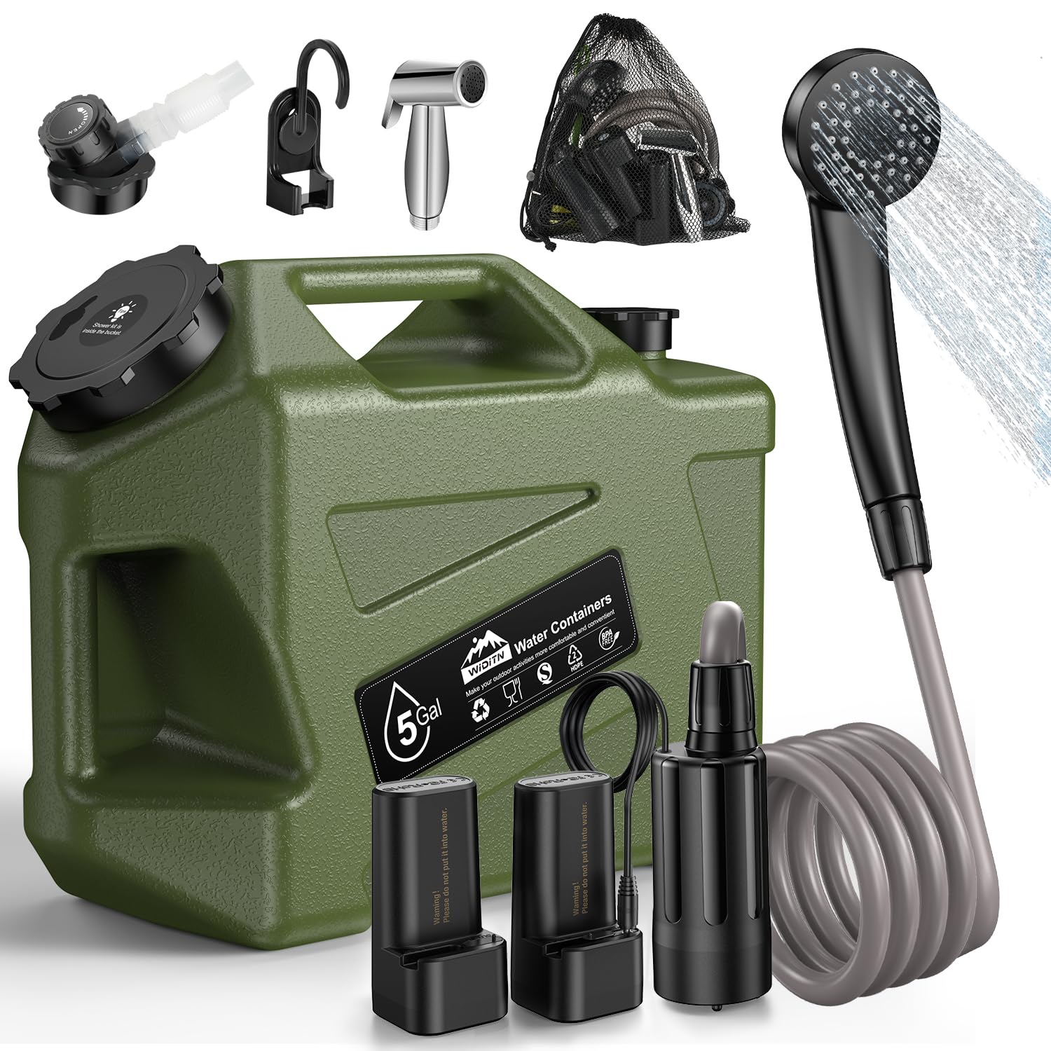 Photo 1 of **POSSIBLY FOR PARTS/MISSING BATTERIES & OTHER PARTS** Widitn Portable Camping Shower with Water Jug, Electric Rechargeable Camping Shower, 5-Gallon Food Grade Water Containers, Outdoor Camp Pump Water Storage Kit for Hiking Beach, Travel, Pet Bath