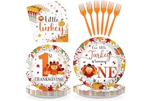 Grencian 96Pcs Thanksgiving 1st Birthday Decorations Our Little Turkey Is Turning One Plates and Napkins Fall 1st Birthday Tableware Set for Thanksgiving Turkey-Themed Baby Shower Party Supplies